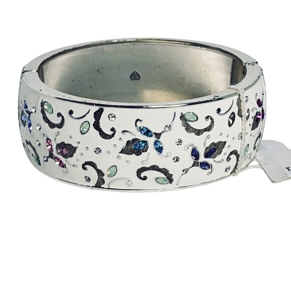 Brighton White Enamel W/ Pastel Rhinestone Flowers Hinged Bangle Bracelet (5969) - Picture 4 of 7